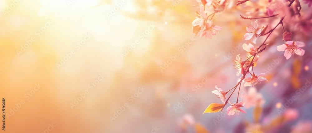 Fototapeta premium Beautiful cherry blossom branches illuminated by soft sunlight, creating a serene and tranquil atmosphere perfect for springtime.