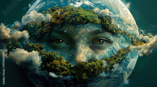 Mother Earth Personification: Mystical Face Emerging from Earth's Forests and Clouds at Twilight, Environmental Awareness, Nature Conservation, Planet Earth, Eco-Friendly, Atmospheric Art Image photo