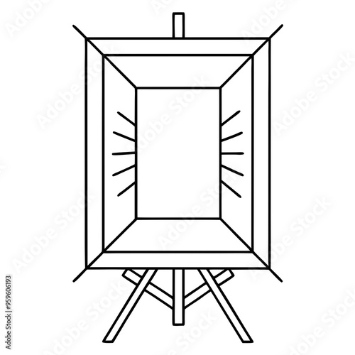 Line drawing of an empty voting booth with curtains on a stand