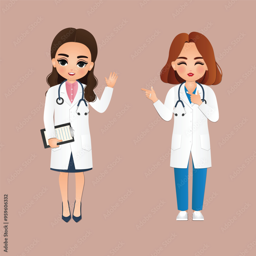 Cute cartoon woman in doctor uniform with different acting character Cute cartoon woman in doctor uniform with different acting character