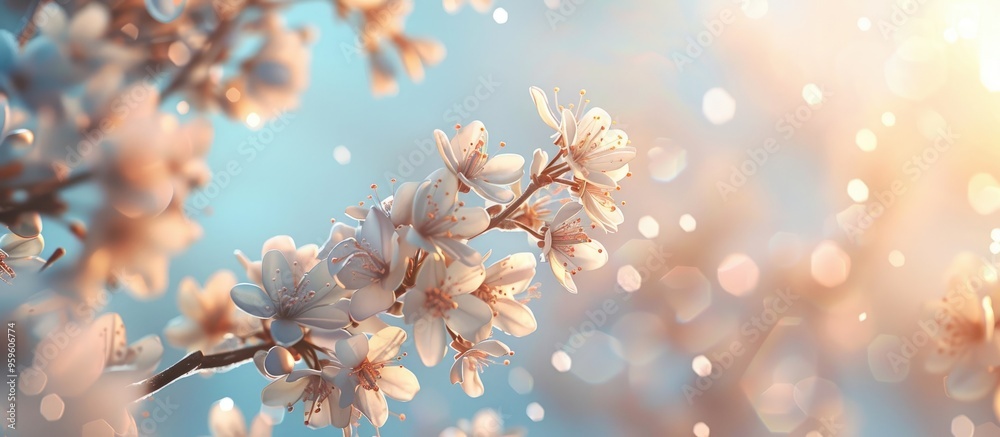 Macro view of blossoming cherry branches in soft focus against a light blue sky background illuminated by sunlight with copy space A beautiful floral representation of spring nature in a panoramic pe Macro view of blossoming cherry branches in soft focus against a light blue sky background illuminated by sunlight with copy space A beautiful floral representation of spring nature in a panoramic pe