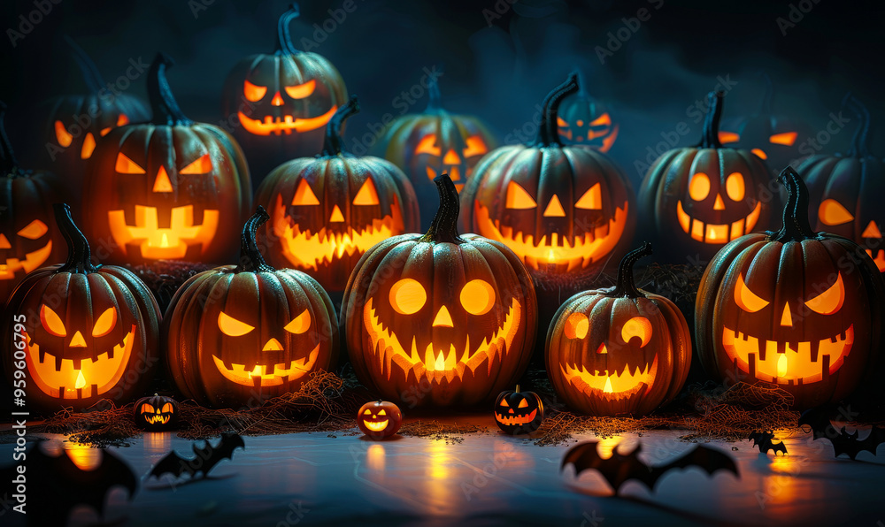 Illuminated Carved Pumpkins with Evil Faces in Darkness on Halloween Night, Spooky Atmosphere, Seasonal Decorations with Haunting Expressions, Celebrating Halloween with Jack O Lanterns Illuminated Carved Pumpkins with Evil Faces in Darkness on Halloween Night, Spooky Atmosphere, Seasonal Decorations with Haunting Expressions, Celebrating Halloween with Jack O Lanterns