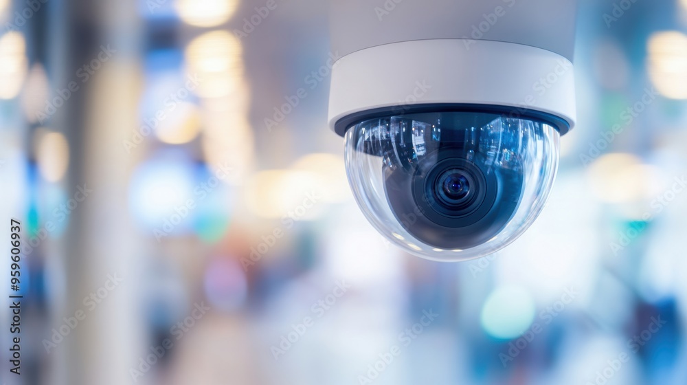Close-up of a surveillance camera installed indoors, featuring a modern design and a blurred background for professional security use. Close-up of a surveillance camera installed indoors, featuring a modern design and a blurred background for professional security use.