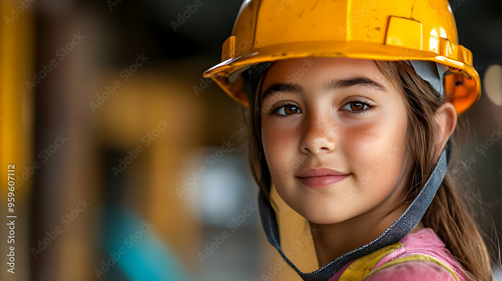 A young girl wearing a construction helmet, smiling confidently. A young girl wearing a construction helmet, smiling confidently.