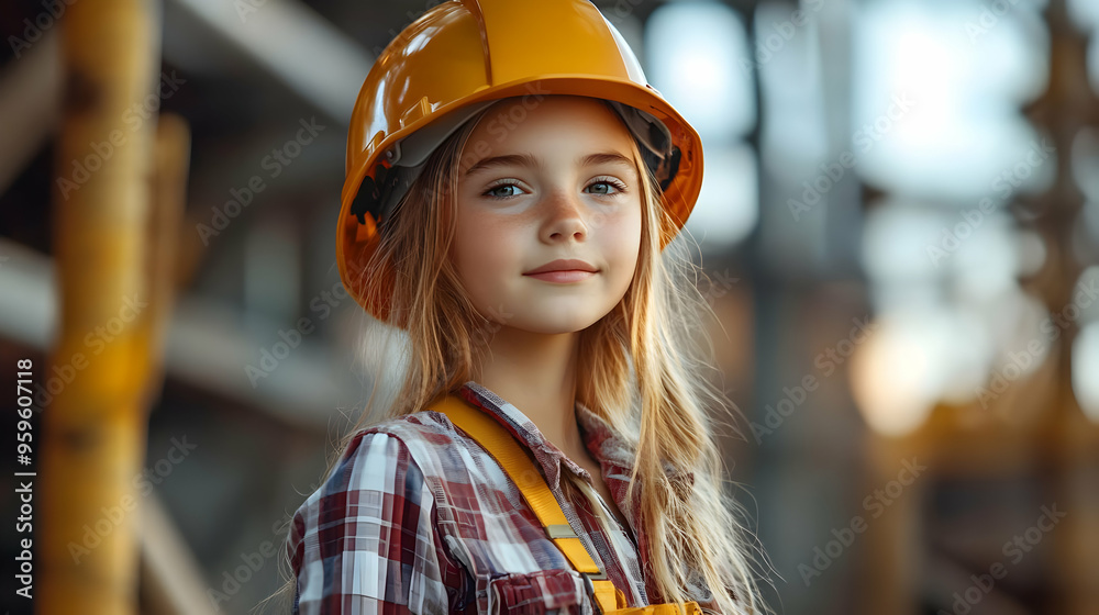 A young girl wearing a hard hat and safety gear at a construction site.
