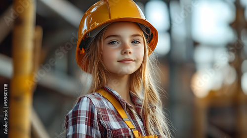A young girl wearing a hard...