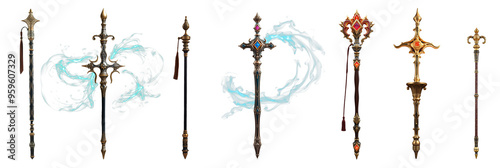 set of magic wizard staff isolated on transparent background.generative AI