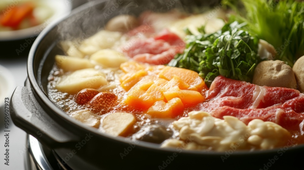 A high-resolution shot of a delicious shabu-shabu meal, with neatly arranged ingredients ready to be cooked in a bubbling hot pot, set against a clean background A high-resolution shot of a delicious shabu-shabu meal, with neatly arranged ingredients ready to be cooked in a bubbling hot pot, set against a clean background