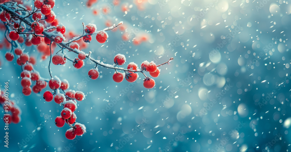 Snow-Covered Winter Tree with Red Berries, Sparkling Christmas Holiday Background in Soft Snowfall, Perfect for Seasonal Greeting Cards and Festive Decor, Tranquil Winter Wonderland Scene Snow-Covered Winter Tree with Red Berries, Sparkling Christmas Holiday Background in Soft Snowfall, Perfect for Seasonal Greeting Cards and Festive Decor, Tranquil Winter Wonderland Scene