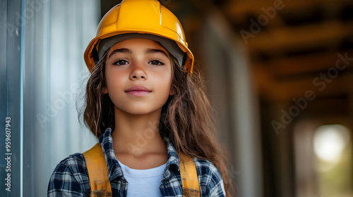 A young girl wearing a hard...