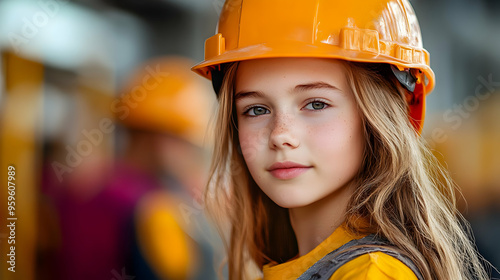 A young girl wearing a hard...