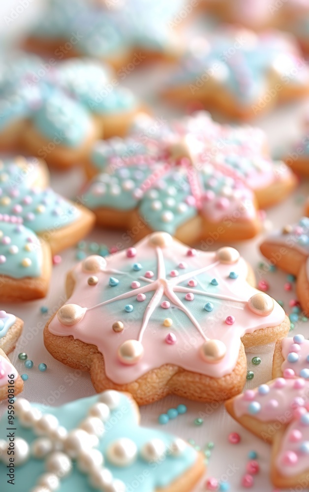 Delicate iced cookies shaped like snowflakes, adorned with colorful decorations and perfect for festive occasions. Delicate iced cookies shaped like snowflakes, adorned with colorful decorations and perfect for festive occasions.