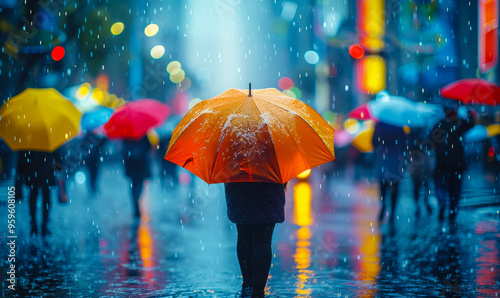 Wallpaper Mural Vibrant City Street Scene with People Holding Colorful Umbrellas on a Rainy Night Torontodigital.ca