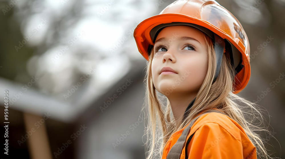 A young girl wearing a safety helmet and orange attire, looking up. A young girl wearing a safety helmet and orange attire, looking up.