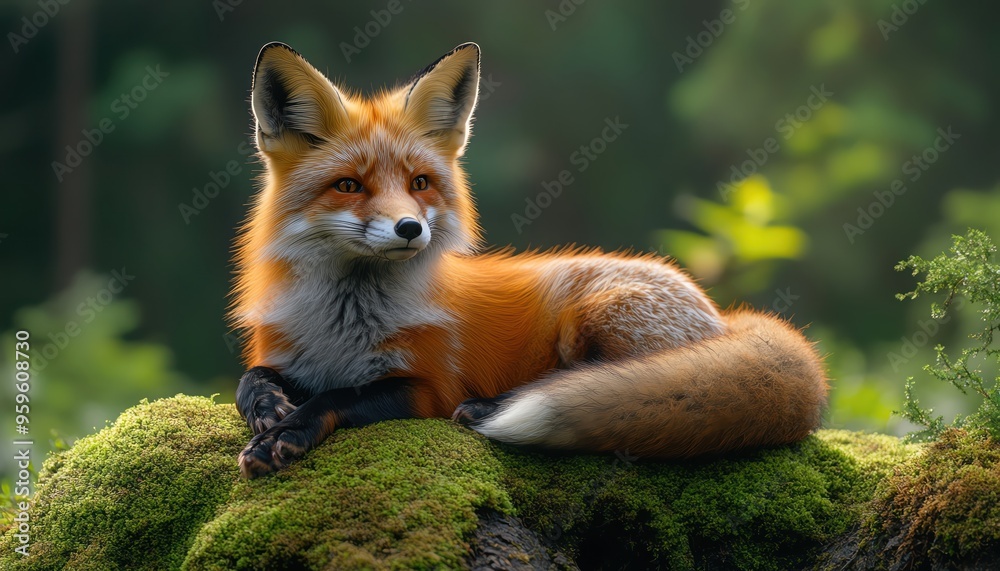 Fototapeta premium Red fox resting on a mossy log, forest background, natural light, relaxed pose, serene atmosphere