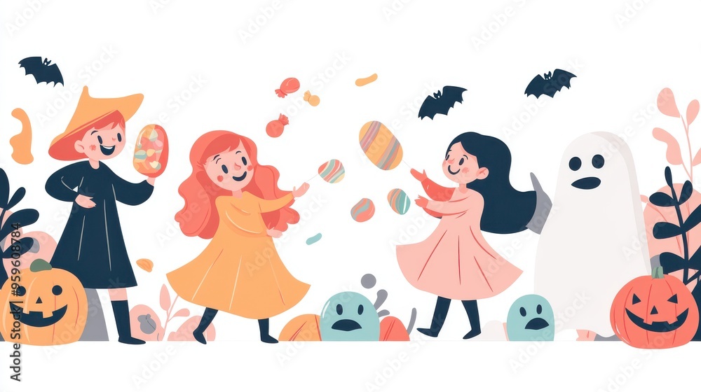 Playful children in costumes enjoy a Halloween celebration, surrounded by pumpkins, ghosts, and festive decorations. Playful children in costumes enjoy a Halloween celebration, surrounded by pumpkins, ghosts, and festive decorations.