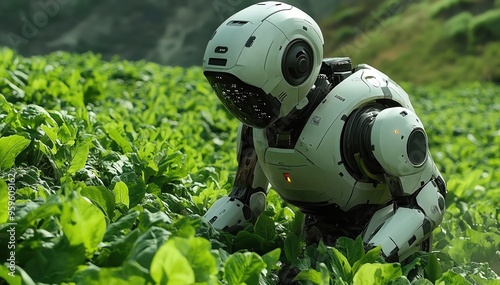 Robots working in a lush green field, futuristic agriculture