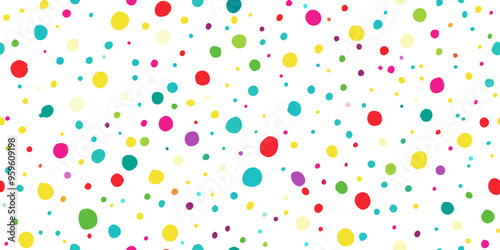 Colorful confetti dots scattered on a white background