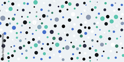 Abstract background with scattered blue, teal, and grey dots of various sizes on a white backdrop