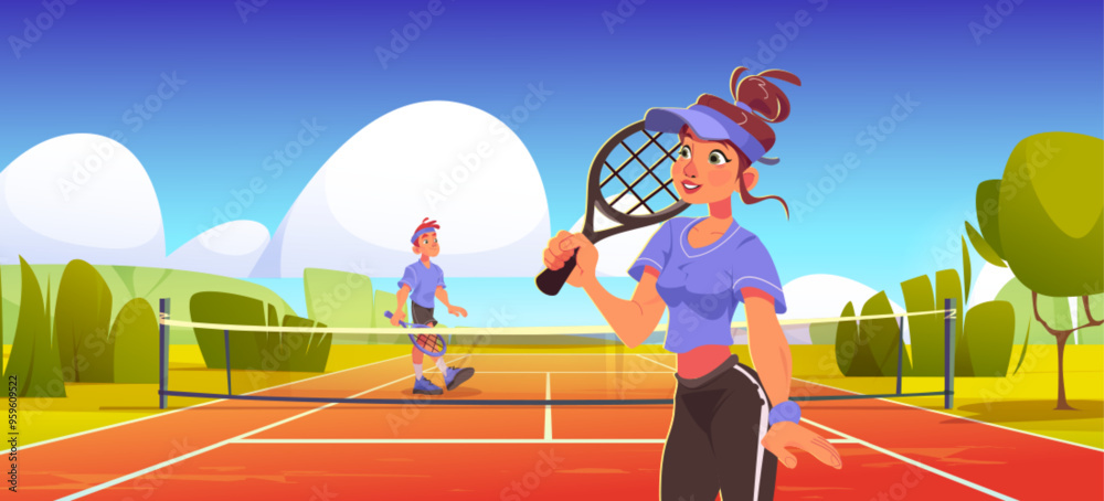 Fototapeta premium Tennis players with rackets on court during training or competition. Cartoon vector man and woman athlete in costumes with equipment playing sport game on stadium. Activity and recreation concept.