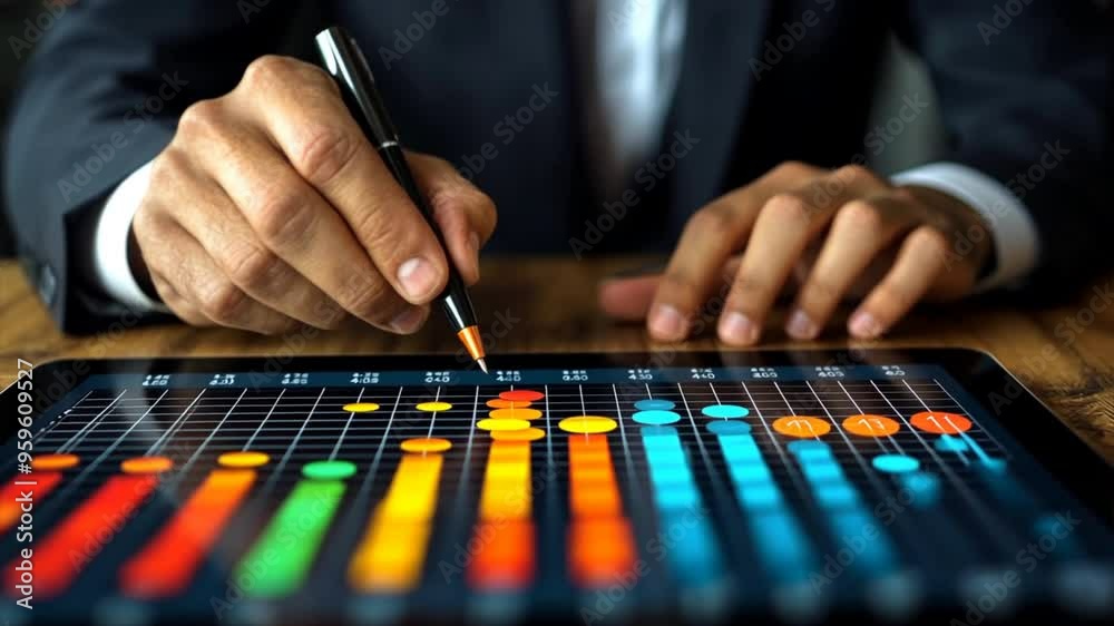 businessman examines sales data, financial reports, and a graph showing the company's growth on a tablet. Financial report planning and strategy for business businessman examines sales data, financial reports, and a graph showing the company's growth on a tablet. Financial report planning and strategy for business