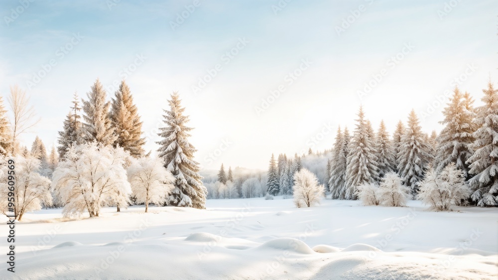 Snow-covered winter landscape with frosted trees and bright sunlight in a tranquil setting Snow-covered winter landscape with frosted trees and bright sunlight in a tranquil setting