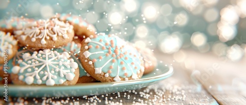 Delightful snowflake-themed cookies decorated with blue icing and sugar, perfect for festive celebrations and winter gatherings.