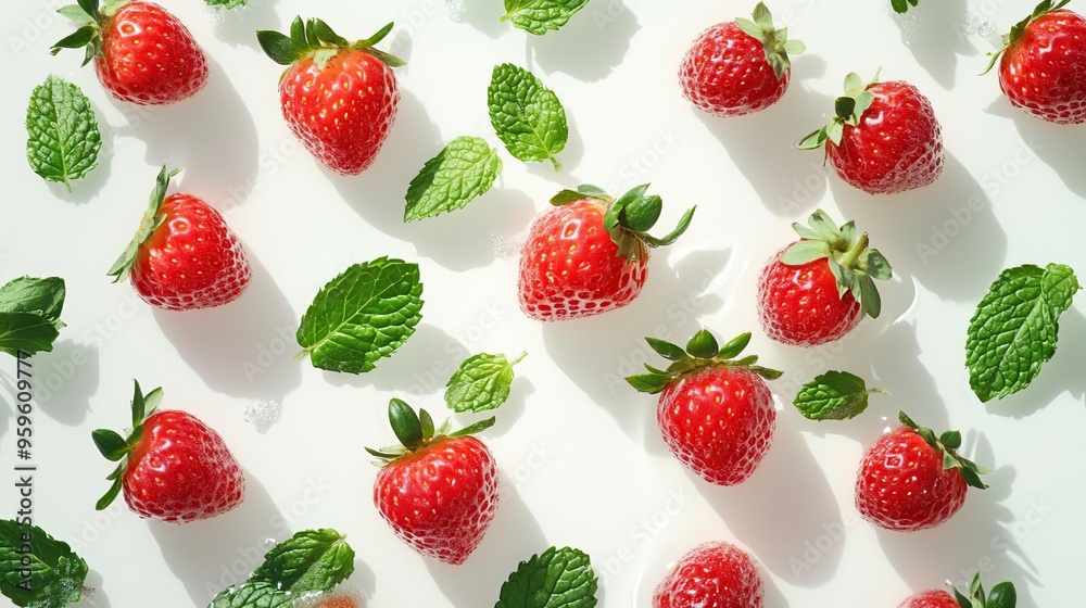 Fresh strawberries and mint leaves arranged artistically on a white background. Fresh strawberries and mint leaves arranged artistically on a white background.
