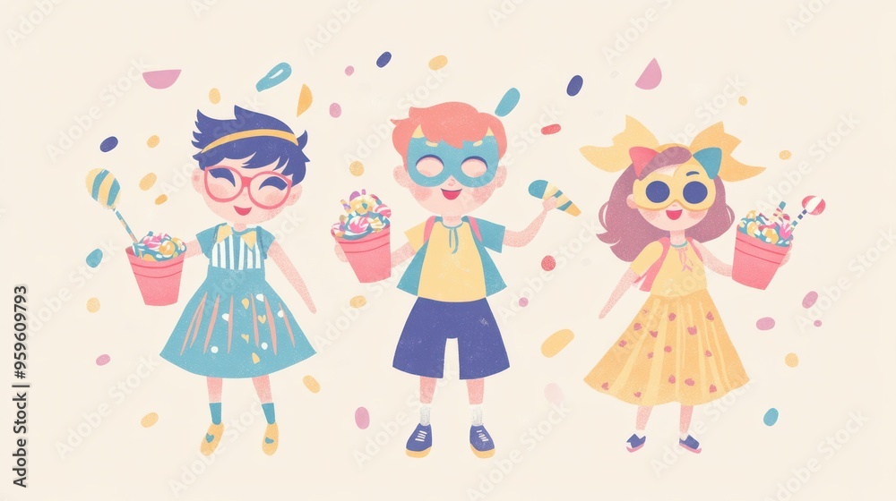 Three cheerful children in colorful costumes celebrate a joyful occasion with treats and confetti, radiating happiness. Three cheerful children in colorful costumes celebrate a joyful occasion with treats and confetti, radiating happiness.