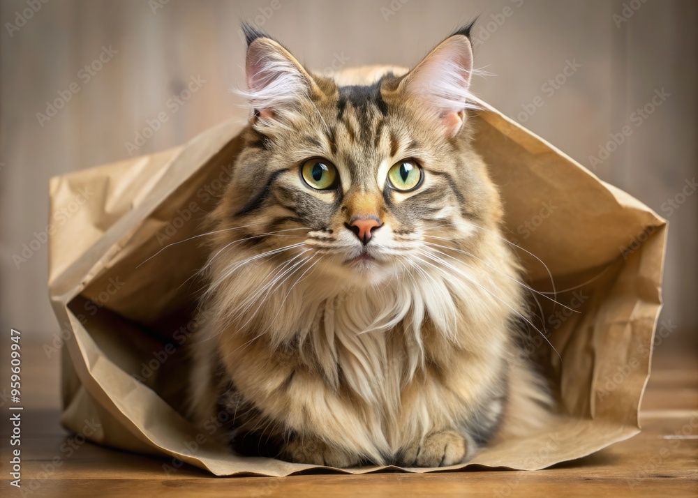 A whimsical American Bobtail cat with a fluffy coat is cozily seated inside a paper bag, its tail twitching with excitement. A whimsical American Bobtail cat with a fluffy coat is cozily seated inside a paper bag, its tail twitching with excitement.