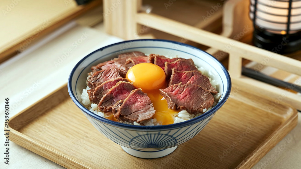 A delectable bowl of Gyudon, featuring tender Japanese beef over rice, served in a cozy restaurant setting, capturing the essence of authentic Japanese cuisine. A delectable bowl of Gyudon, featuring tender Japanese beef over rice, served in a cozy restaurant setting, capturing the essence of authentic Japanese cuisine.