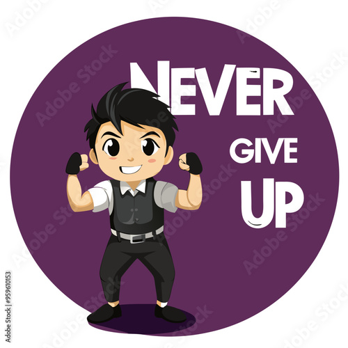 Animated character flexing with a motivational "NEVER GIVE UP" message on a purple background