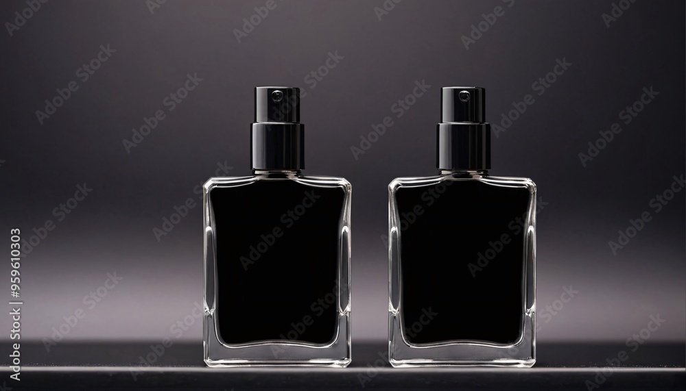 Two clear glass bottles with black caps on dark background. Two clear glass bottles with black caps on dark background.