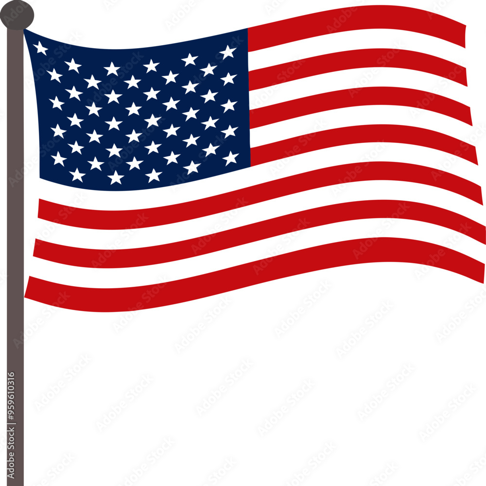 An American flag on a pole, waving against a white background An American flag on a pole, waving against a white background