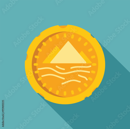 Gold coin depicting pyramids and nile river on blue background with long shadow