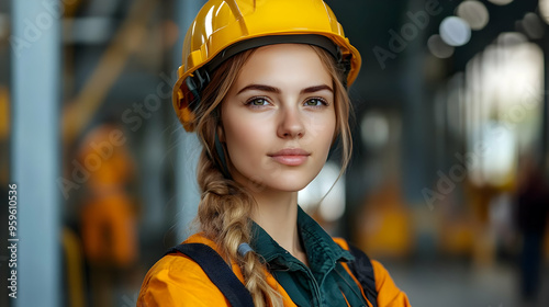 A young woman in a hard hat and safety gear in an industrial setting.