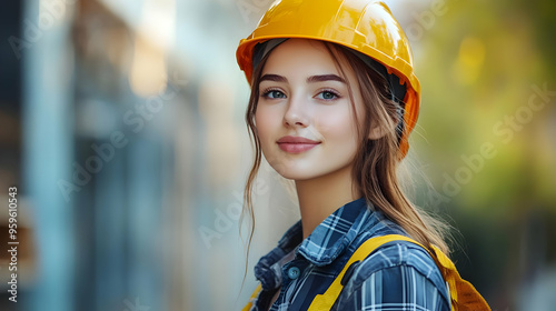 A young woman in a hard hat and plaid shirt smiles on a construction site.