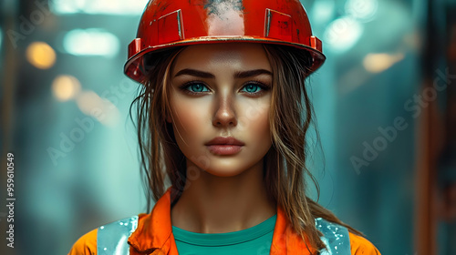 A young woman in a hard hat...