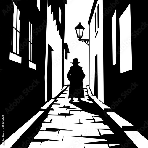  a black and white illustration depicting a narrow, cobblestone alleyway. The perspective is from the ground level, looking down the alley