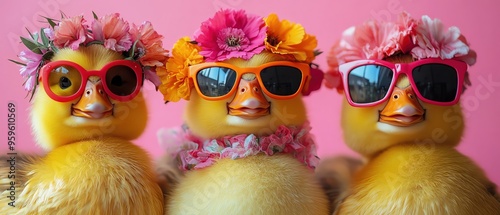 Three ducks in bright sunglasses and floral accessories, vibrant pink and yellow backdrop photo