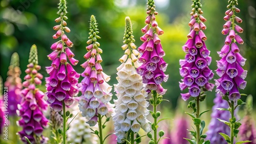 Photo image of a delicate foxglove plant with tall spikes of tubular bells in varying shades of purple, white, and pink against a blurred green background. photo