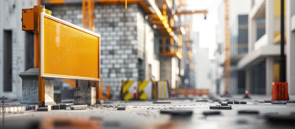 A building is being constructed at the roadside with concrete and bricks visible An empty information sign is on the left alongside construction site safety signs Background for copyspace A building is being constructed at the roadside with concrete and bricks visible An empty information sign is on the left alongside construction site safety signs Background for copyspace