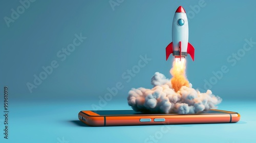 Creative rocket launch from a smartphone, technology and innovation concept photo