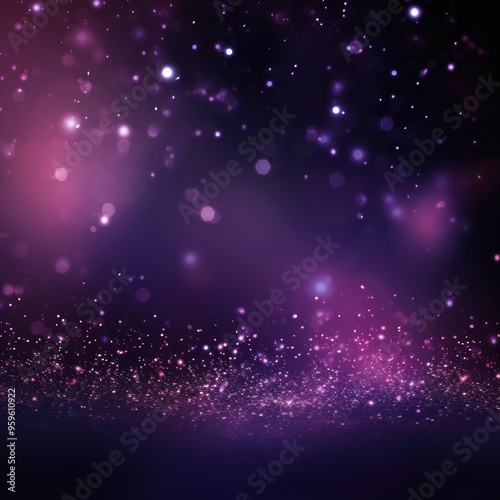 Violet banner dark bokeh particles glitter awards dust gradient abstract background. Futuristic glittering in space on violet background blank empty 