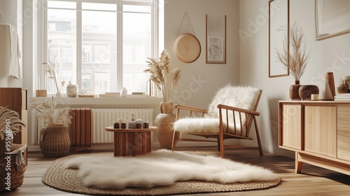A living room with a wooden vanity cozy Scandinavian style.