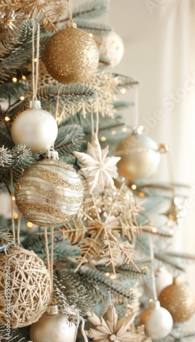 Elegant Christmas tree adorned with golden ornaments and soft lights, creating a warm and festive atmosphere.