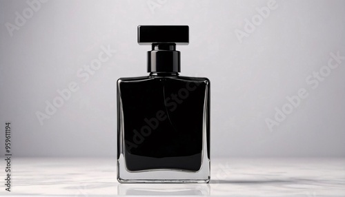 Black perfume bottle on white background.