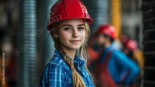 A young woman in a hard hat poses in an industrial setting.