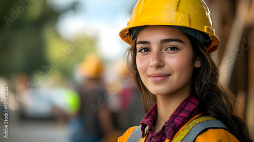 A young woman in a hard hat...