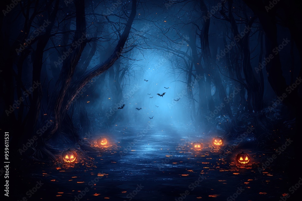Fototapeta premium Spooky forest path with glowing pumpkins and mysterious fog